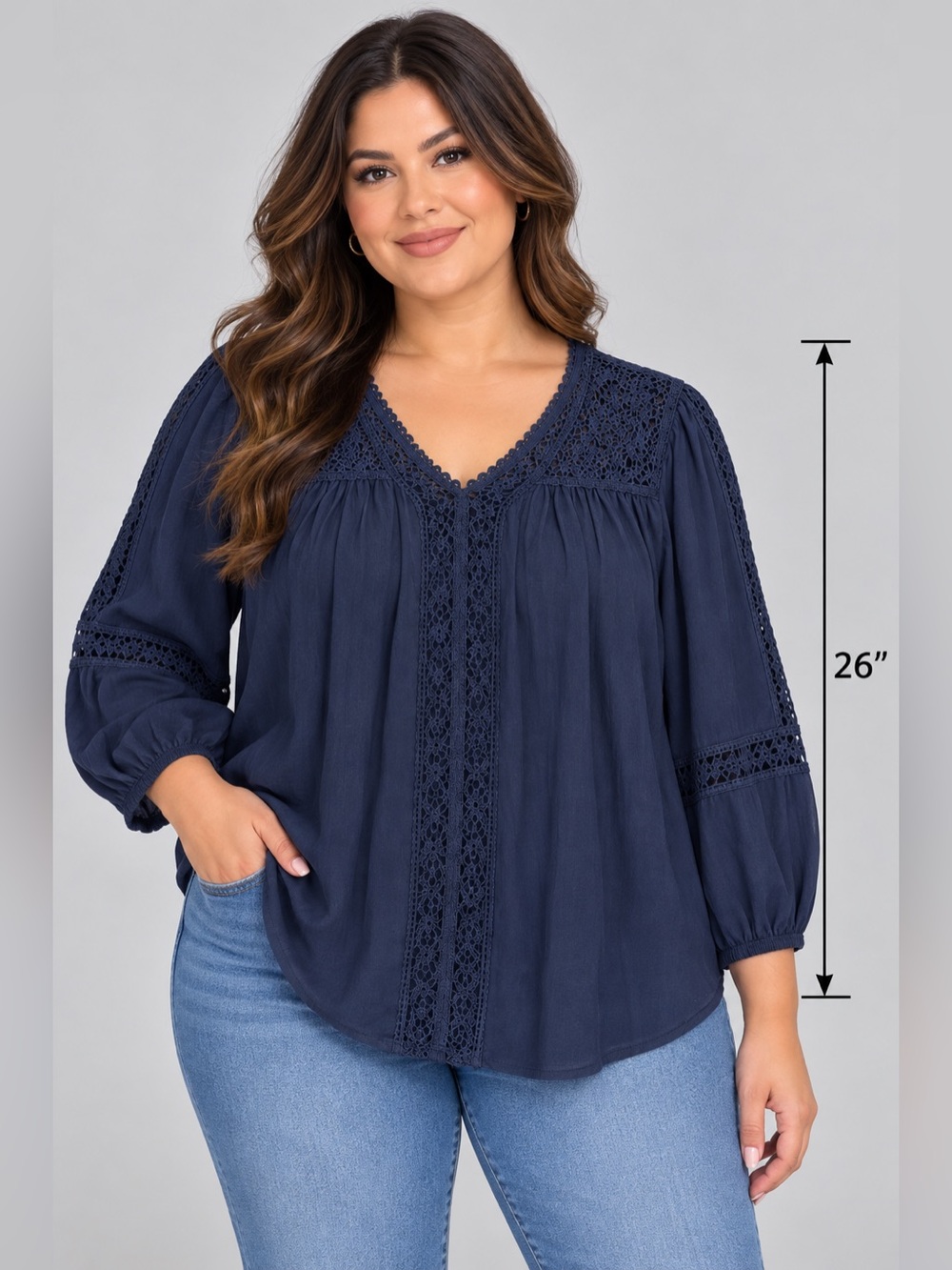 Style & Co Women's Long Sleeve Blouse - Navy Blue Lace Detail - Size XL
